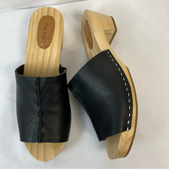 The Sak Womens Wood Leather Black Slip On Clogs Sandals Size 10 - Picture 1 of 9